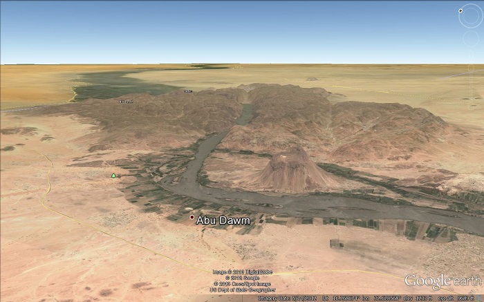 A Google Earth view of the Sabaloka Mountains and
          Sabaloka Gorge.