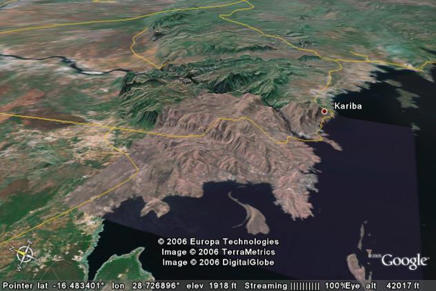 The Zambezi River takes an "illogical"
          route through the mountains in the center of the picture
          instead of an easier, lower route to the left.