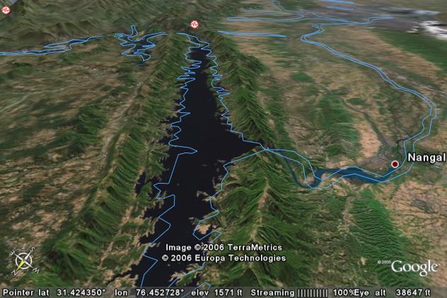 The Sutlej River cuts through a ridge producing
          the perfect place for a large dam.