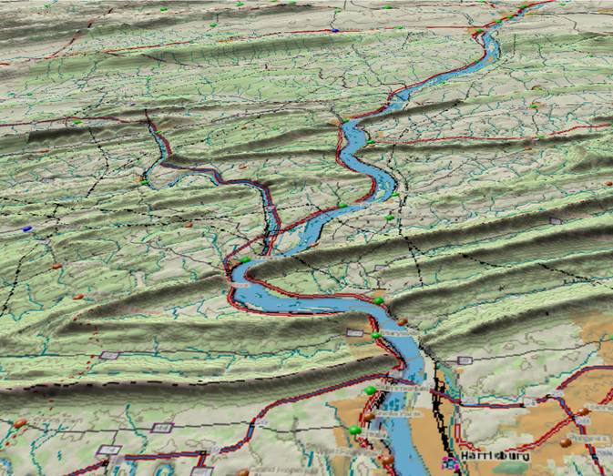 The Susquehanna River also cuts through ancient
          upturned layers in the old Appalachians.