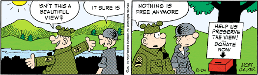 Beetle Bailey cartoon objecting to requests for money.