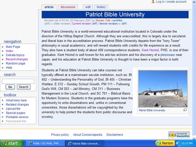 Conservapedia's article about Patriot Bible
          University