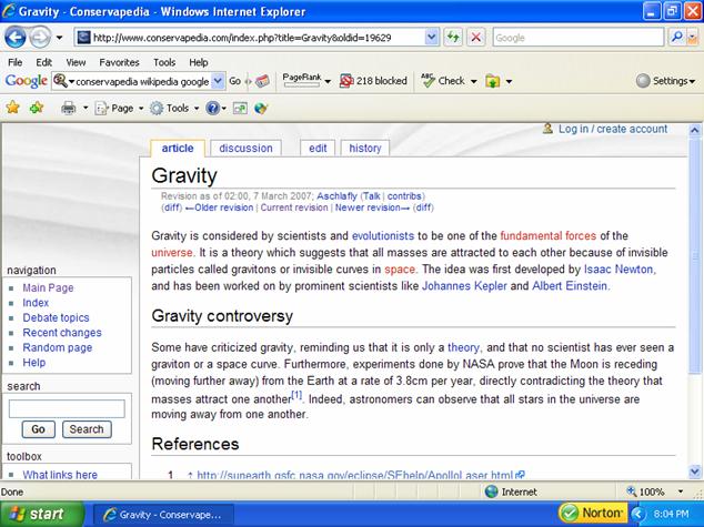 Schlafly's position on "contradicting the
            theory that masses attract one another"