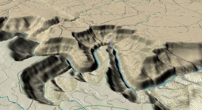 3-D view of the
            Grand Canyon - centered at Mile 44. View to east