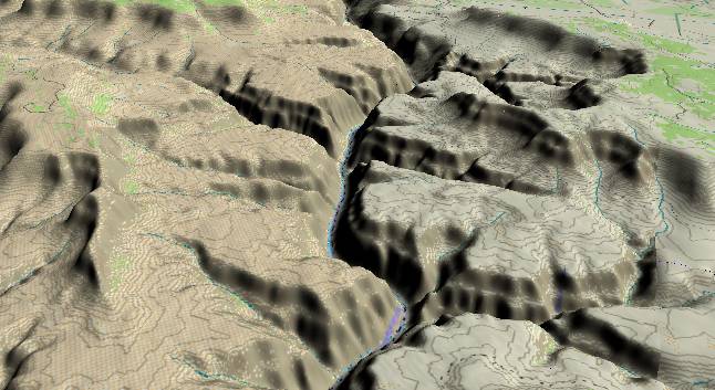 3-D view of the
            Grand Canyon - centered at Mile 170