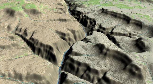 3-D view of the Grand Canyon -
              centered at Mile 174