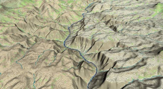 3-D view of the Grand Canyon -
              centered at Mile 214