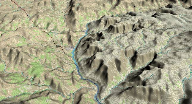 3-D view of the Grand Canyon -
              centered at Mile 222