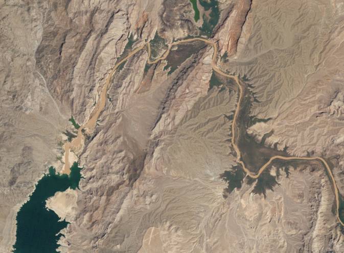 A satellite view of the upper end of Lake Mead in            2010.