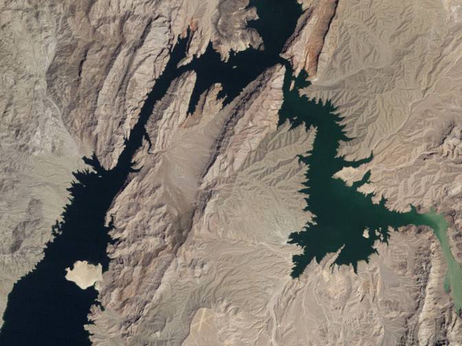 A satellite view of the upper end of Lake Mead in            1985.