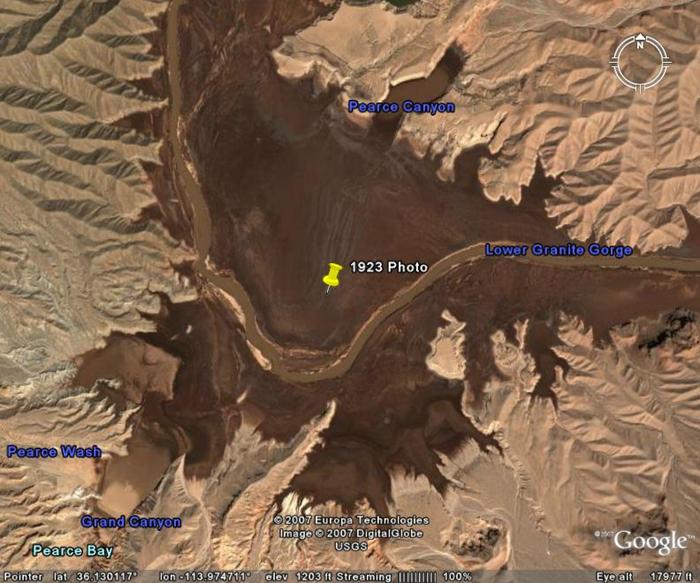 Overview of (historic) Lake Mead and the location
          of the new rapid.