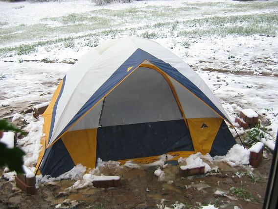 A late season snow nearly collapsed the tent.