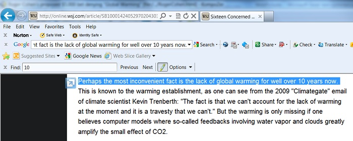 The no global warming for "for well over 10
          years" statement from the Wall Street Journal.