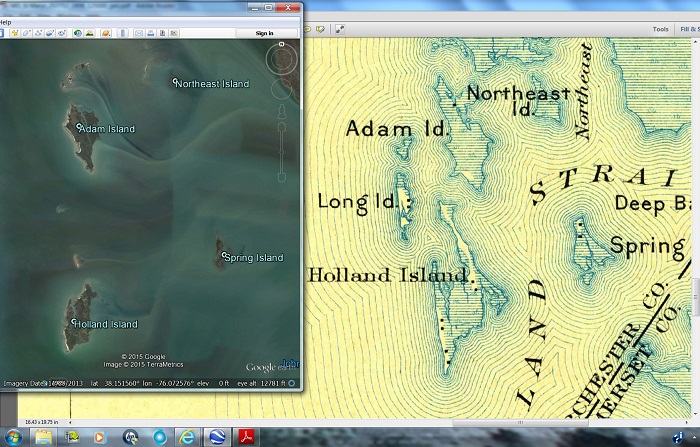 Holland Island 1898 map and Google Earth view in 2013