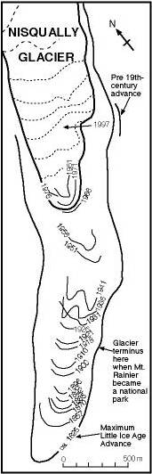 A map outlining the position of the Nisqually Glacier
          since the 1800s.