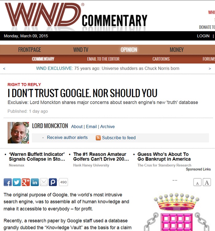 Monckton's paranoid distrust of Google