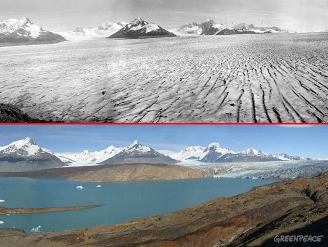 Then and now photographs of Upsala Glacier,
          Argentina