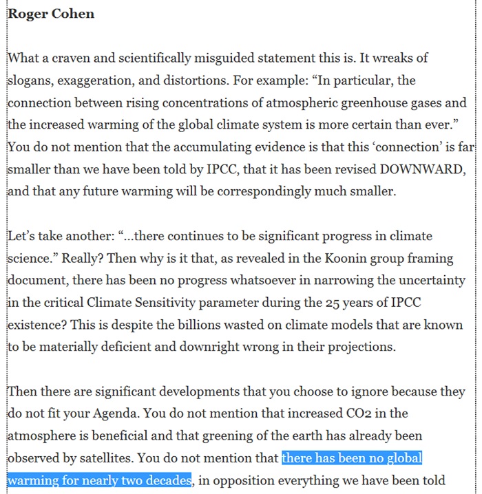 Roger Cohen is still claiming
          the earth is not warming.