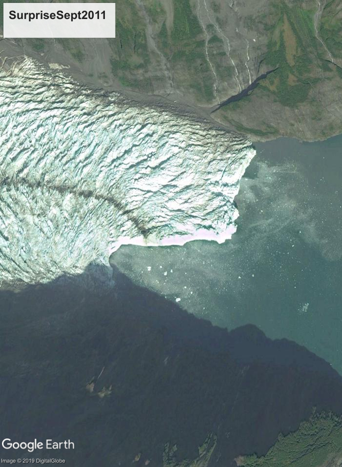 A 2011 Google Earth view of the
          Surprise Glacier