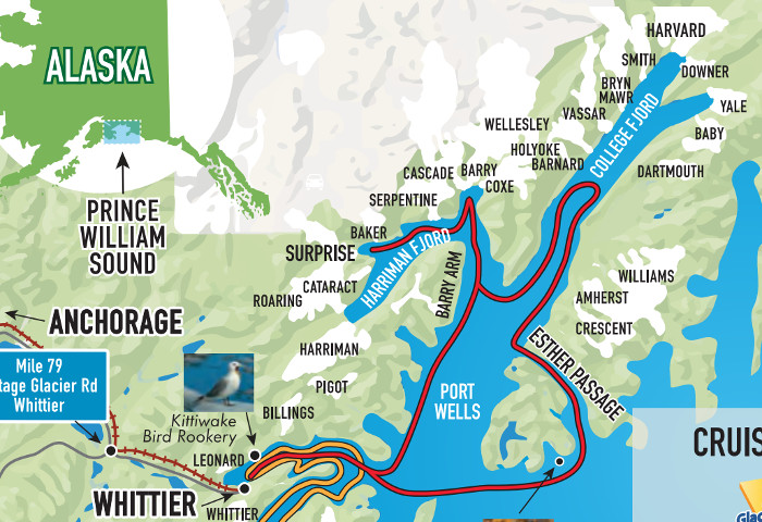 A map showing the location of the Harriman, Surprise, and
          barry Glaciers.