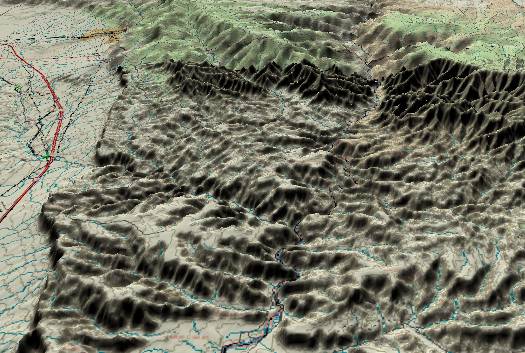 3-D
            view of the Gray Canyon with the confluence of the Price
            River near the center.