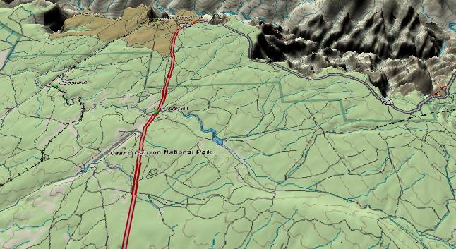 3-D view showin Coconino Wash on
                  the South Rim of the Grand Canyon