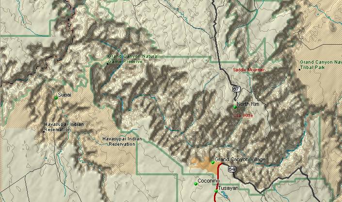 2-D topo map of the Kaibab Plateau and
              the heart of the Grand Canyon