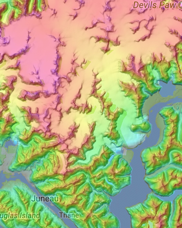 A color coded map of the Juneau Icefield