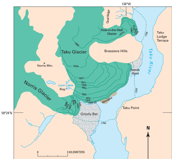 A diagram showing the historical positions of the Taku
          Glacier