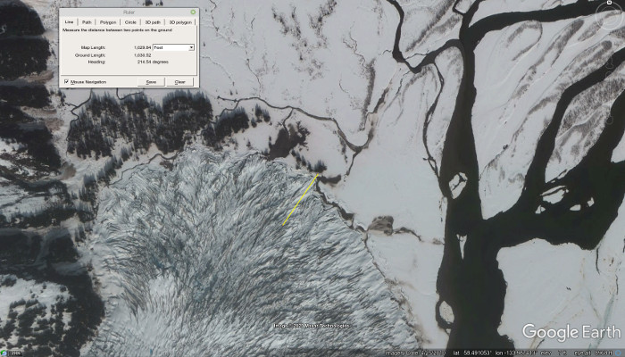 A Google Earth view of the terminus of the
            Hole-in-the-Wall Glacier in 2010