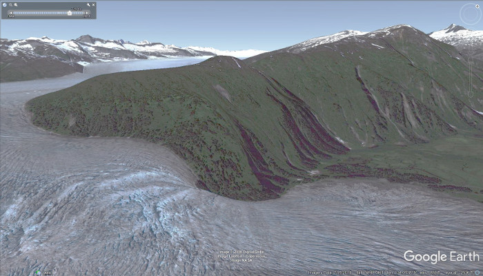 A Google Earth view of the northwest side of the
          Hole-in-the-Wall Glacier as of July 2010.