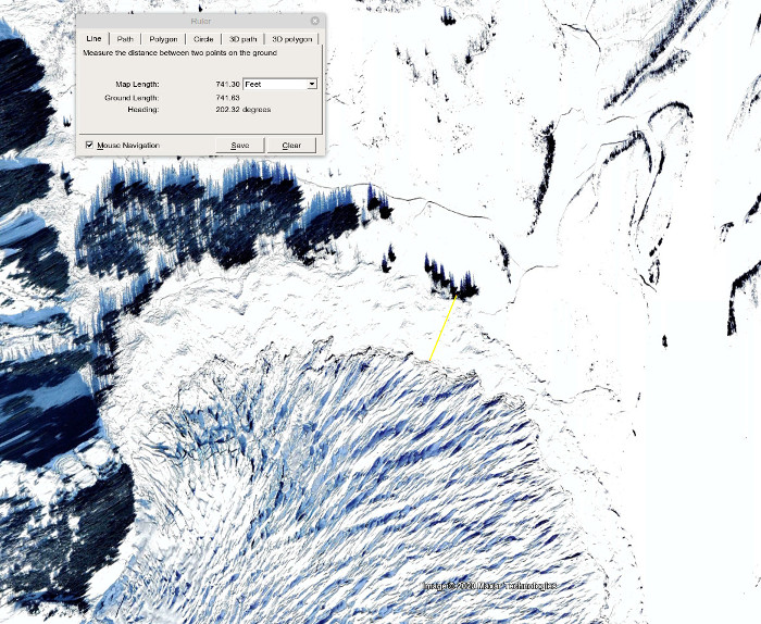 A March 2020 Google Earth view of the Hole-in-the-Wall
            Glacier