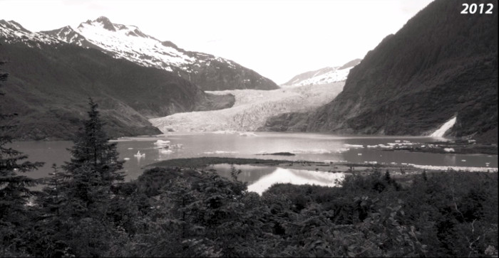 A 2012 view of the Mendenhall Glacier from the same
          location.