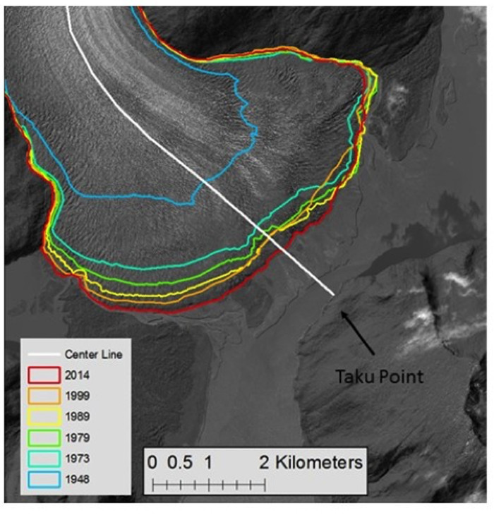 The recent record of the position of the terminus of the
          Taku Glacier