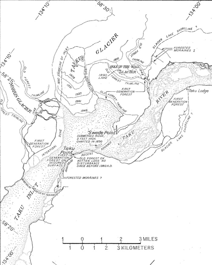 A diagram showing history of the Taku Glacier that
                was published in the American Geographical Society's
                Geographical Review