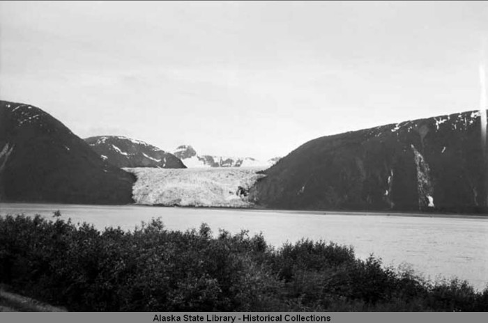 The Hole-in-the-Wall Glacier as viewed from Taku Lodge in
          1951