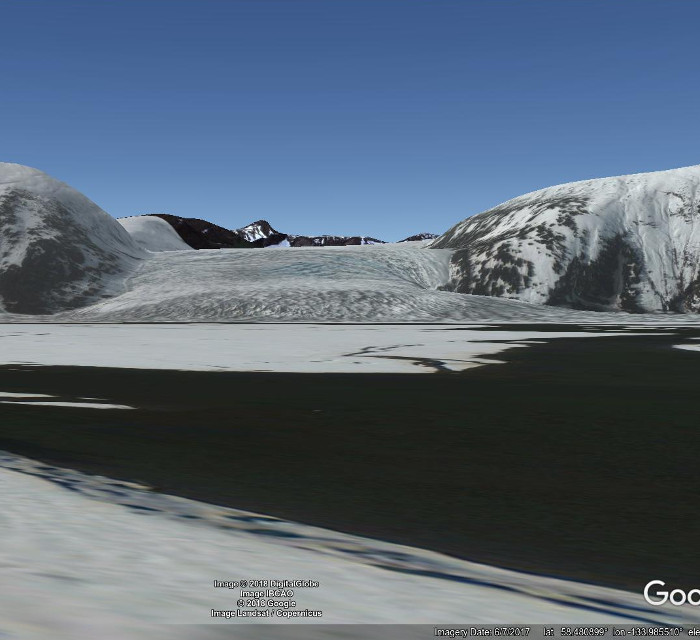Hole-in-the-Wall Glacier as seen in 2010 from Taku Lodge
          via Google Earth