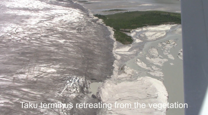 The June 2017 position of the terminus of the Taku
          Glacier