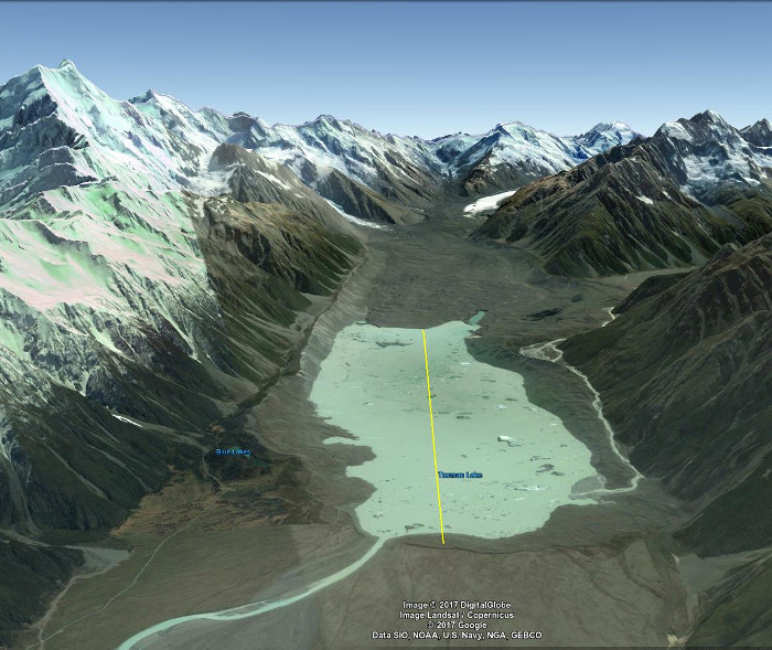 A Google Earth view of New Zealand's Tasman Glacier